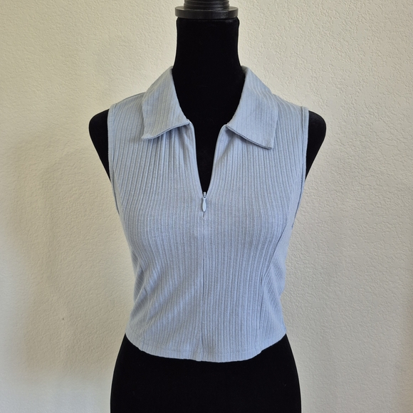 Blue Ribbed Collared Crop Top - Picture 1 of 10